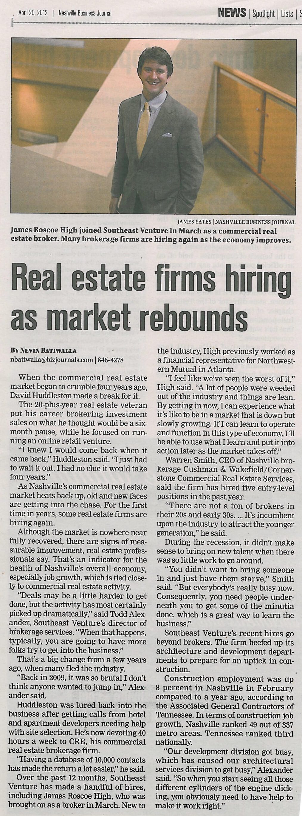 042012 NBJ "Real estate firms hiring as market rebounds"